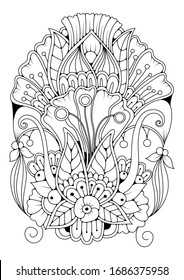 . Hand drawn backdrop. Coloring book, page for adult and older children. Black and white abstract floral pattern. The illustration for your hobby - coloring pictures. It can be used as a tattoo or as 