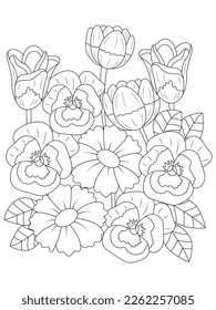 Hand drawn backdrop. Coloring book, page for adult and older children. Black and white abstract floral pattern.