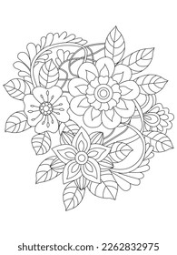 Hand drawn backdrop. Coloring book, page for adult and older children. Black and white abstract floral pattern.