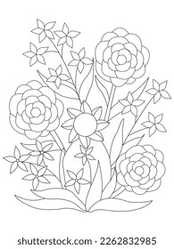 Hand drawn backdrop. Coloring book, page for adult and older children. Black and white abstract floral pattern.