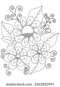 Fondo dibujado a mano. Libro de Colores, página para adultos y niños mayores. Patrón floral abstracto negro y blanco.