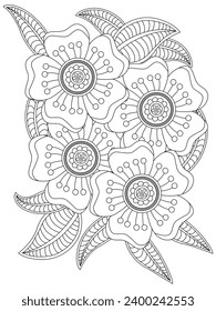Hand drawn backdrop. Coloring book, page for adult and older children. Black and white abstract floral pattern. 