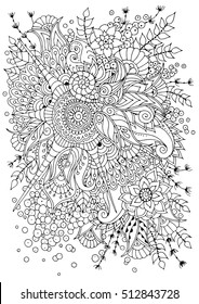 Hand drawn backdrop. Coloring book  page for adult and older children. Black and white abstract floral pattern. Vector illustration. 