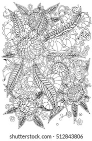 Hand drawn backdrop. Coloring book  page for adult and older children. Black and white abstract floral pattern. Vector illustration. 