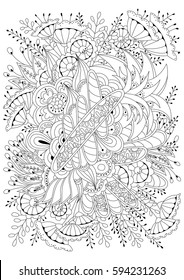 Hand drawn backdrop. Coloring book, page for adult and older children. Black and white abstract floral pattern. Vector illustration. 