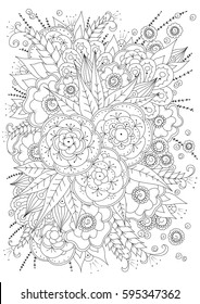 Hand drawn backdrop. Coloring book, page for adult and older children. Black and white abstract floral pattern. Vector illustration. 