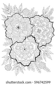 Hand drawn backdrop. Coloring book, page for adult and older children. Black and white abstract floral pattern. Vector illustration. 