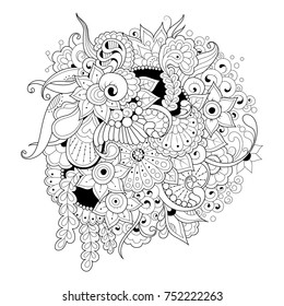 Hand drawn backdrop. Coloring book, page for adult and older children. Black and white abstract floral pattern. Vector illustration. Design for meditation.