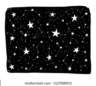 Hand drawn backdrop with stars and constellations. Vector black background with texture. Design for prints and posters.