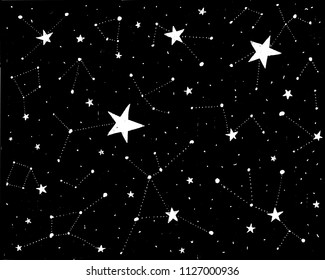 Hand drawn backdrop with stars and constellations. Vector black background with texture. Design for prints and posters.
