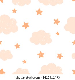 Seamless​ pattern​ with​ hand drawn cloud​ ​and​ ​star  on​ white​ background.