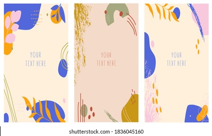 Hand drawn background with abstract shapes,colors and plant.Social media stories and post creative vector set. Background template with copy space for text.Brochure cover template design.Vector