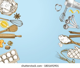 Hand drawn background with baking utencils. Menu or recipe template. Vector illustration in retro style