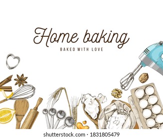 Hand drawn background with baking utencils. Menu or recipe template. Vector illustration in retro style