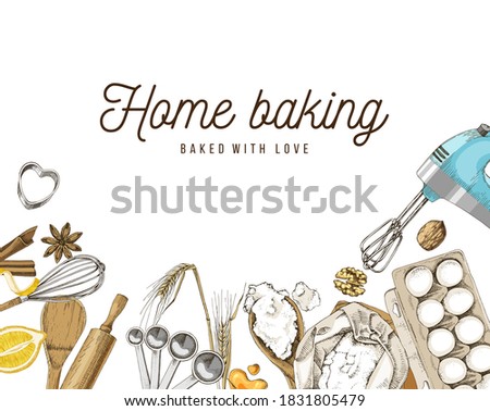 Hand drawn background with baking utencils. Menu or recipe template. Vector illustration in retro style