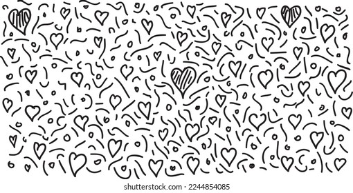 Hand drawn background from black lines. Cartoon heart, lines and dots.
