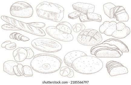Hand drawn background of bread and bakery products. Baked goods template. Baking, bakery shop, cooking, sweet products, dessert, pastry.