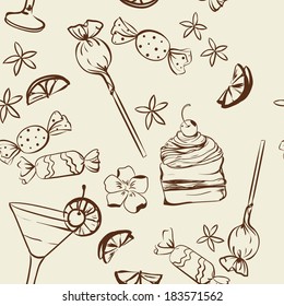 Hand drawn background with cakes, candies and sweets, vintage seamless pattern