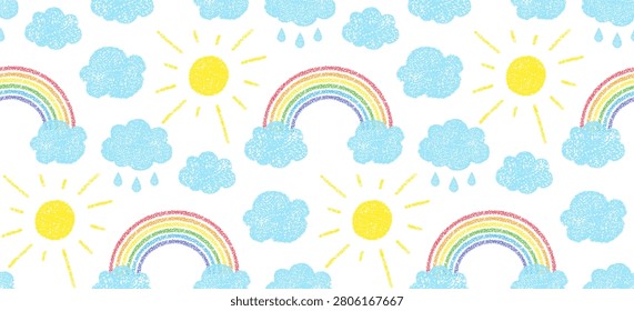 Hand drawn background with chalk rainbow, clouds and sun. Crayon childish seamless pattern of blue sunny sky with clouds, water drops and rainbows, vector illustration