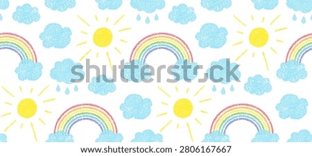 Hand drawn background with chalk rainbow, clouds and sun. Crayon childish seamless pattern of blue sunny sky with clouds, water drops and rainbows, vector illustration