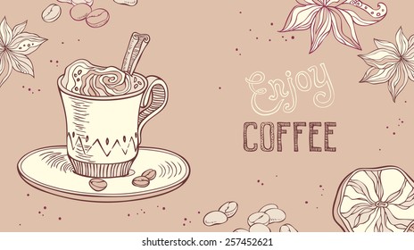 hand drawn background with coffee