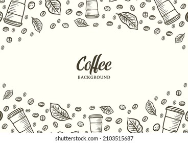 Fondo dibujado a mano con granos de café, diseño de fondo de café vector