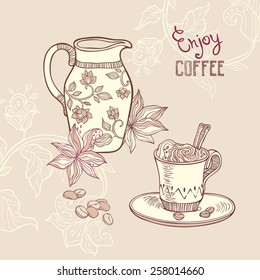 hand drawn background with coffee cup and creamer
