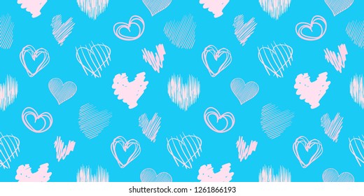 Hand drawn background with colored hearts. Seamless grungy wallpaper on surface. Chaotic texture with love signs. Lovely pattern. Line art. Print for banner, flyer or poster. Colorful illustration