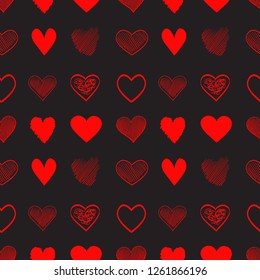 Hand drawn background with colored hearts. Seamless grungy wallpaper on surface. Chaotic texture with love signs. Lovely pattern. Line art. Print for banner, flyer or poster. Colorful illustration