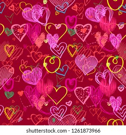 Hand drawn background with colored hearts. Seamless grungy wallpaper on surface. Chaotic texture with love signs. Lovely pattern. Line art. Print for banner, flyer or poster. Colorful illustration