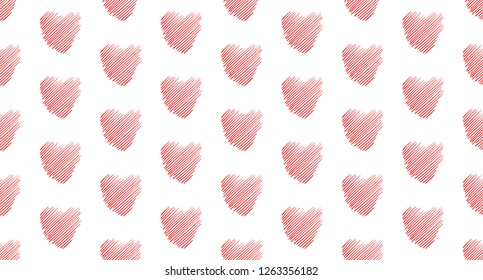 Hand drawn background with colored hearts. Seamless grungy wallpaper on surface. Abstract texture with love signs. Lovely pattern. Line art. Print for banner, flyer or poster. Colorful illustration