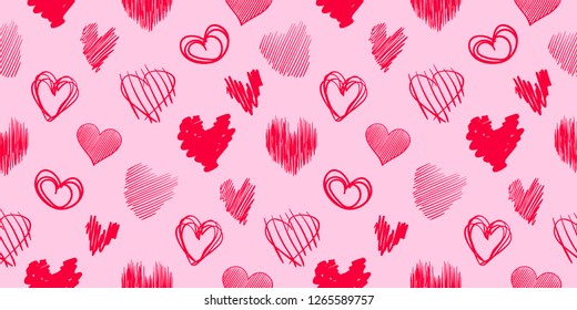 Hand drawn background with colored hearts. Seamless grungy wallpaper on surface. Abstract texture with love signs. Lovely pattern. Line art. Print for banner, flyer or poster. Colorful illustration