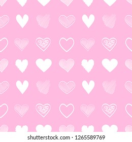 Hand drawn background with colored hearts. Seamless grungy wallpaper on surface. Abstract texture with love signs. Lovely pattern. Line art. Print for banner, flyer or poster. Colorful illustration