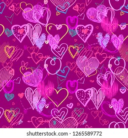 Hand drawn background with colored hearts. Seamless grungy wallpaper on surface. Abstract texture with love signs. Lovely pattern. Line art. Print for banner, flyer or poster. Colorful illustration