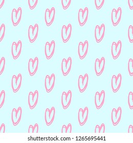 Hand drawn background with colored hearts. Seamless grungy wallpaper on surface. Abstract texture with love signs. Lovely pattern. Line art. Print for banner, flyer or poster. Colorful illustration