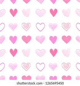 Hand drawn background with colored hearts. Seamless grungy wallpaper on surface. Abstract texture with love signs. Lovely pattern. Line art. Print for banner, flyer or poster. Colorful illustration