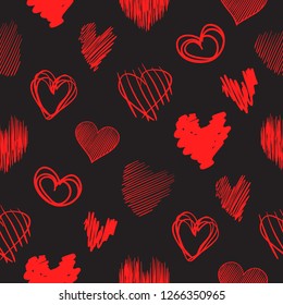 Hand drawn background with colored hearts. Seamless grungy wallpaper on surface. Abstract texture with love signs. Lovely pattern. Print for banner, flyer or poster. Colorful illustration