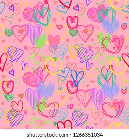 Hand drawn background with colored hearts. Seamless grungy wallpaper on surface. Abstract texture with love signs. Lovely pattern. Line art. Print for banner, flyer or poster. Colorful illustration