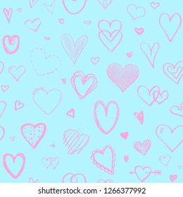 Hand drawn background with colored hearts. Seamless grungy wallpaper on surface. Abstract texture with love signs. Lovely pattern. Line art. Print for banner, flyer or poster. Colorful illustration