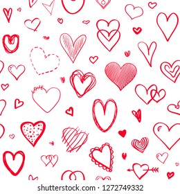 Hand drawn background with colored hearts. Seamless grungy wallpaper on surface. Abstract texture with love signs. Lovely pattern. Line art. Print for banner, flyer or poster. Colorful illustration