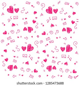 Hand drawn background with colored hearts. Seamless grungy wallpaper on surface. Abstract texture with love signs. Lovely pattern. Print for banner, flyer or poster. Colorful illustration