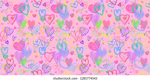 Hand drawn background with colored hearts. Seamless grungy wallpaper on surface. Abstract texture with love signs. Lovely pattern. Line art. Print for banner, flyer or poster. Colorful illustration
