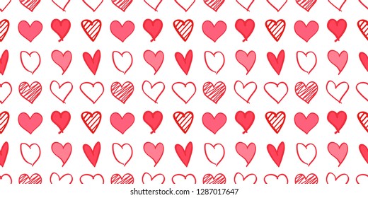 Hand drawn background with colored hearts. Seamless grungy wallpaper on surface. Abstract texture with love signs. Lovely pattern. Print for banner, flyer or poster. Colorful illustration
