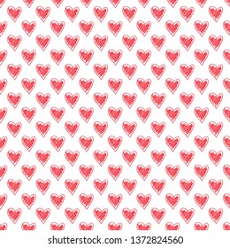 Hand drawn background with colored hearts. Seamless texture with love signs. Line art. Print for banners, flyers or posters