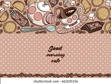 Hand drawn background with cookies, coffee beans, croissant, sweets and sugar