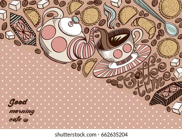 Hand drawn background with cookies, coffee beans, croissant, sweets and sugar