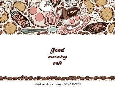 Hand drawn background with cookies, coffee beans, croissant, sweets and sugar