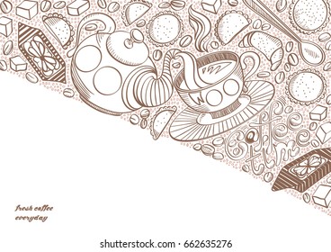 Hand drawn background with cookies, coffee beans, croissant, sweets and sugar