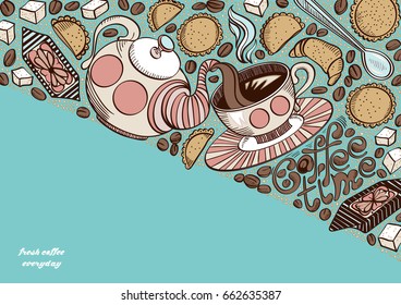 Hand drawn background with cookies, coffee beans, croissant, sweets and sugar