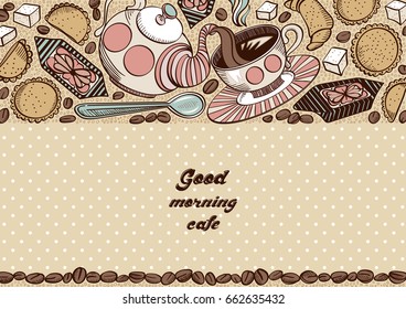 Hand drawn background with cookies, coffee beans, croissant, sweets and sugar